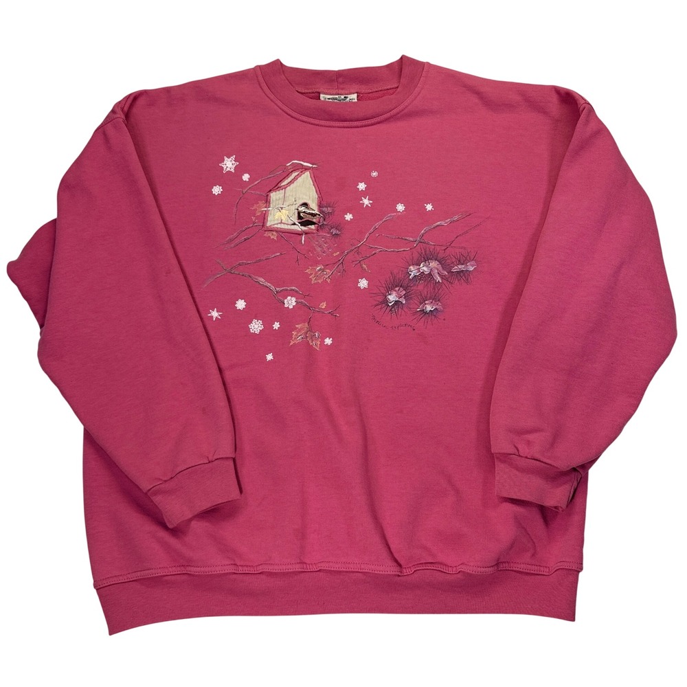 Vintage Northern Reflections Sweatshirt Womens XL Pink Birdhouse Winter Graphic
